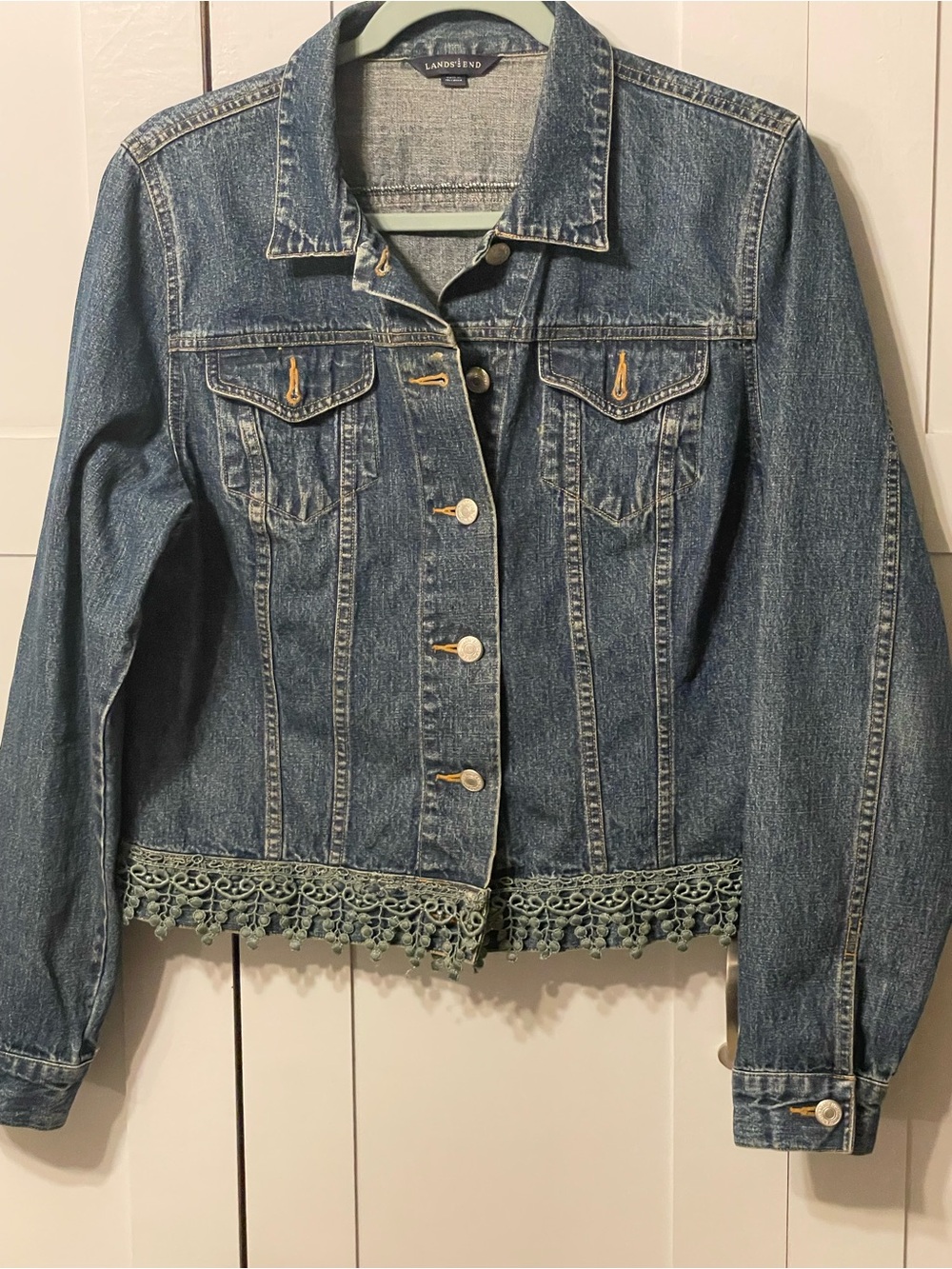 Lands' End Blue Denim Jacket with Crochet Hem